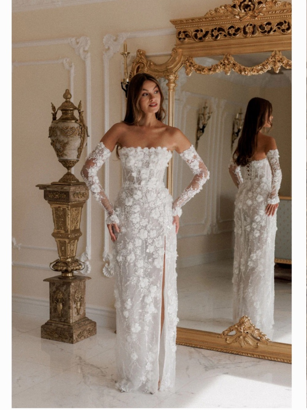 Rosie Etienne Off Shoulder White Floral Lace Wedding Gown Sheer Long Sleeves